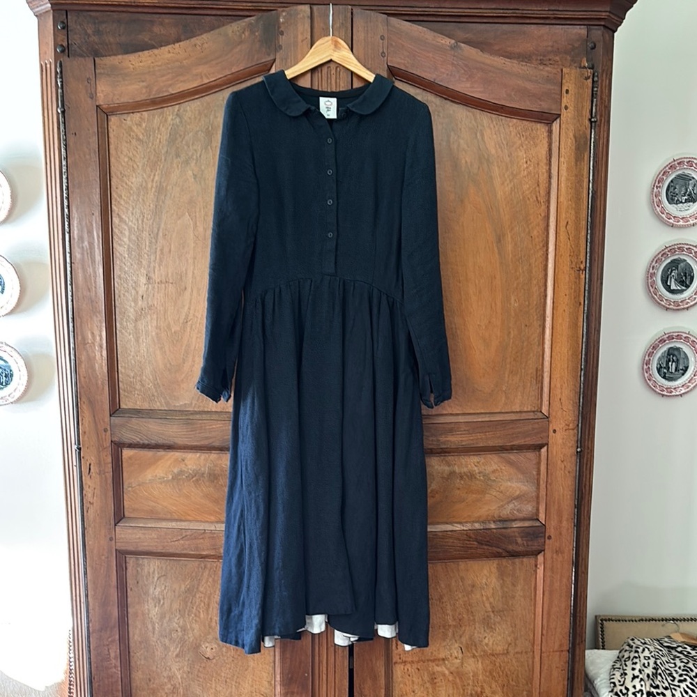 Blue Long Sleeve Maxi dress with Peter Pan Collar in heavy weight linen.